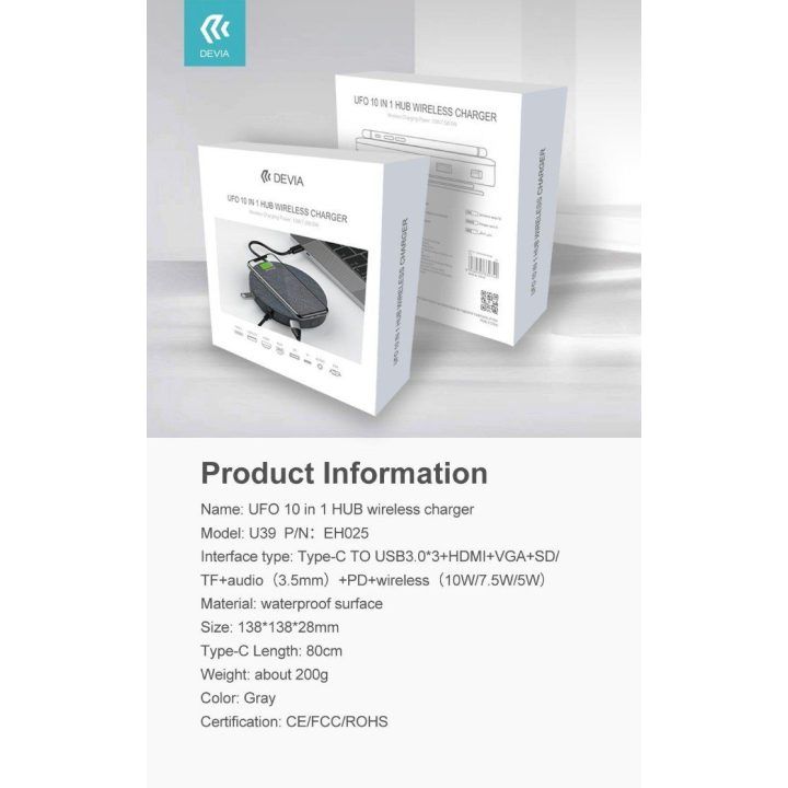 Devia UFO 10in1 USB-C šakotuvas su belaidžiu įkrovimu, pilkas