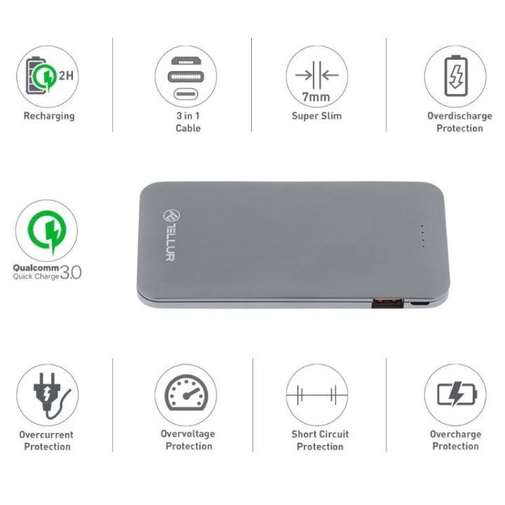 Pilkas 5000 mAh QC 3.0 powerbankas su 3in1 laidu