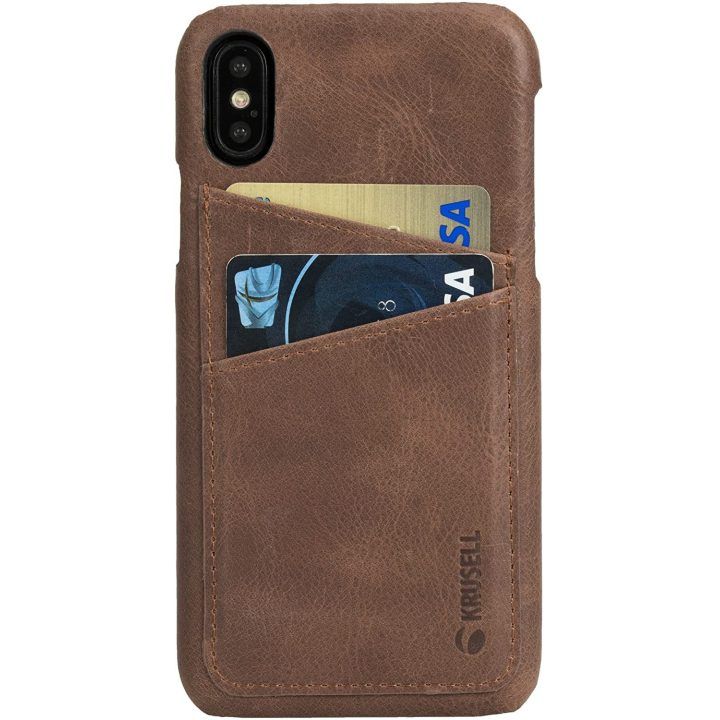 Krusell iPhone X odinis dėklas su 2 kortelių vietomis, vintage cognac
