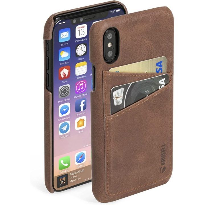 Krusell iPhone X odinis dėklas su 2 kortelių vietomis, vintage cognac