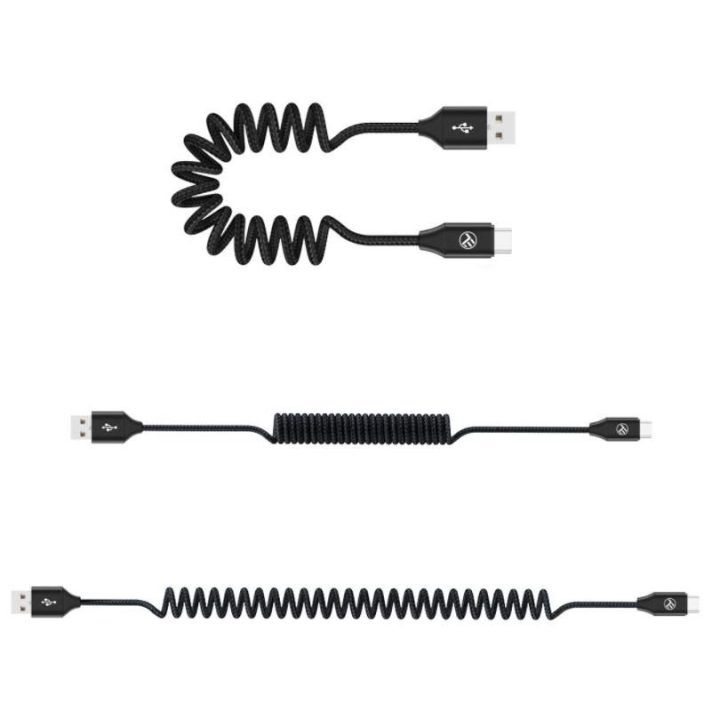Išplečiamas USB-A–USB-C laidas, 3A, 1,8 m, juodas