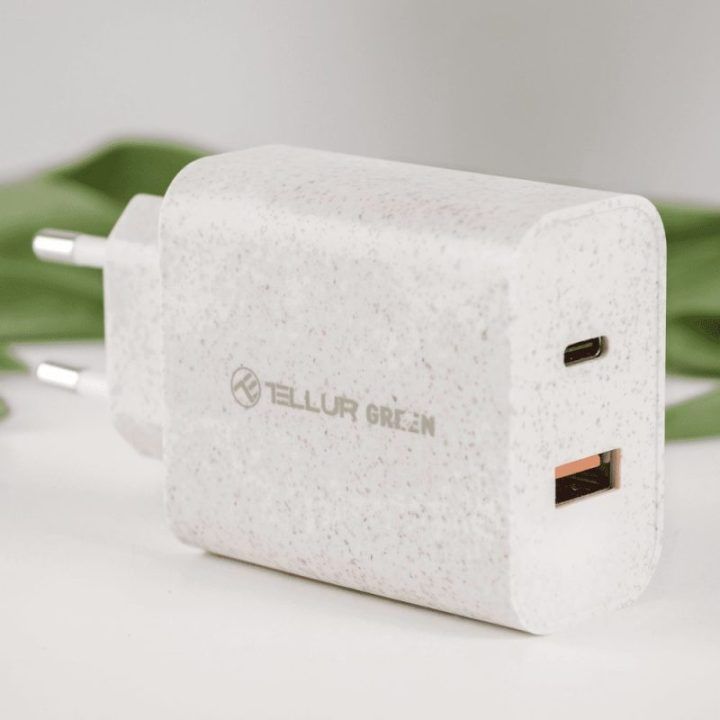 Tellur Green 38W dviejų prievadų sieninis įkroviklis, kreminis