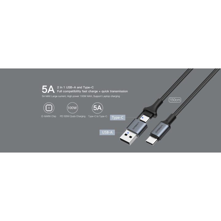 Juodas 2 viename USB ir Type-C įkrovimo laidas, 1,5 m