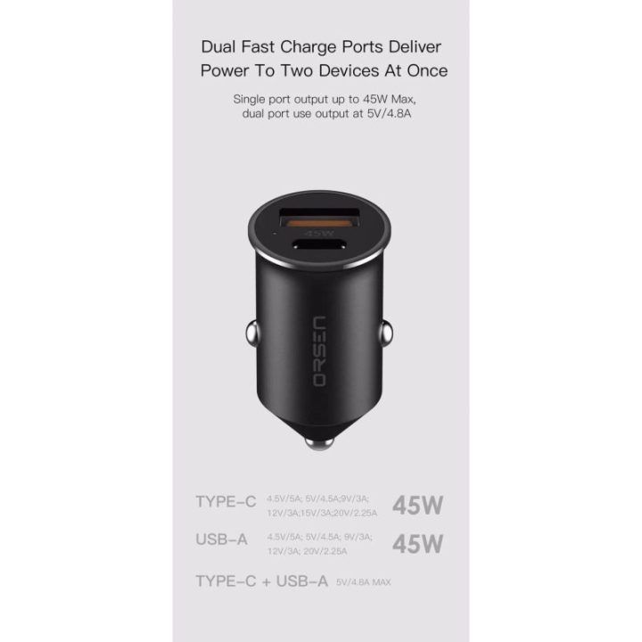 Juodas 45W mini automobilinis įkroviklis Orsen C8