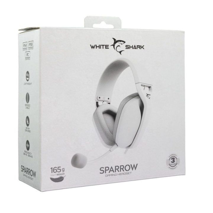 Baltos White Shark SPARROW žaidimų ausinės su nuimamu mikrofonu
