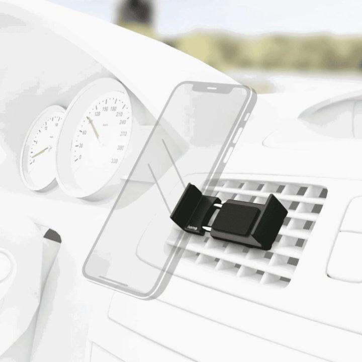 Juodas automobilinis telefono laikiklis ventiliacijos grotelėms
