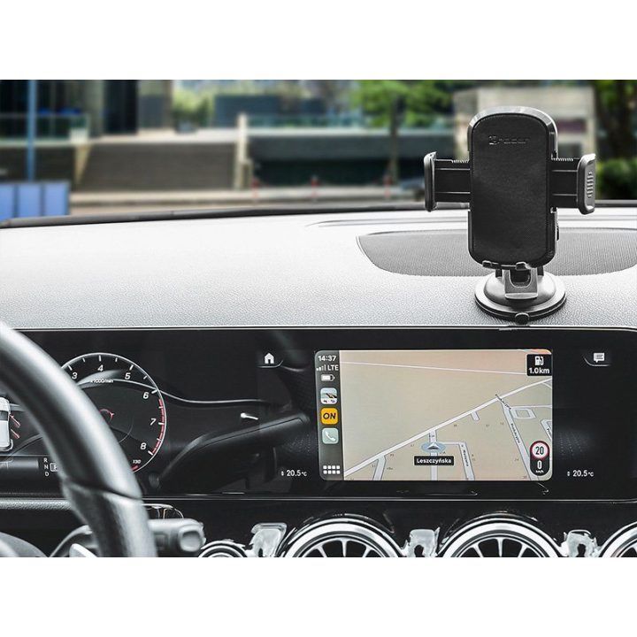 Juodas automobilinis telefono laikiklis su siurbtuku