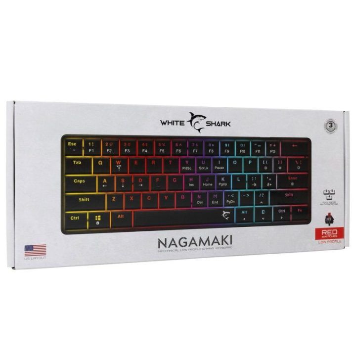 Juoda žemo profilio mechaninė žaidimų klaviatūra White Shark Nagamaki