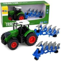 Žalias žaislinis traktorius su dviejų plūgų prikabinimu, 1:24