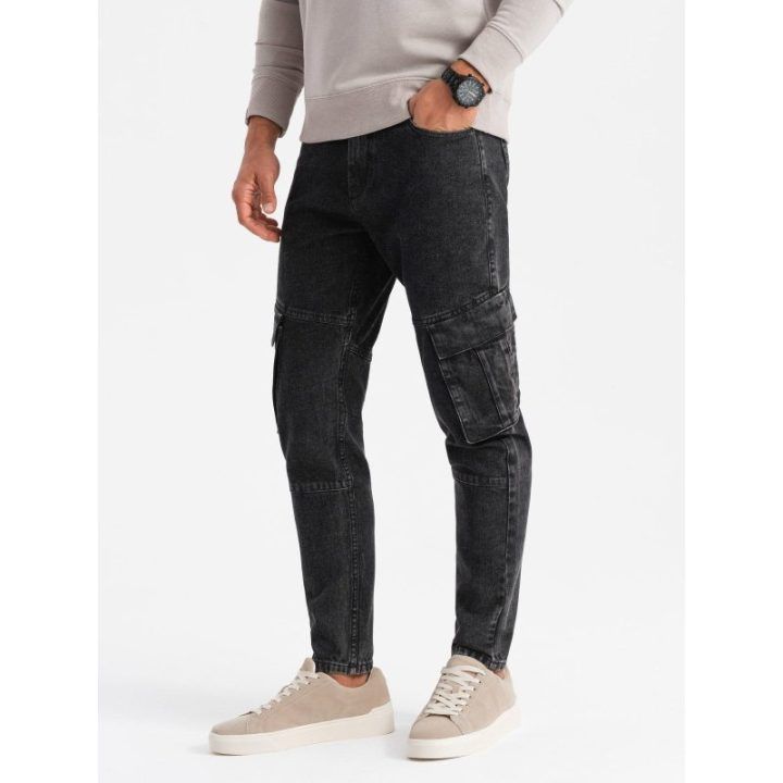 Vyriškos juodos cargo kelnės slim fit su bleached efektu
