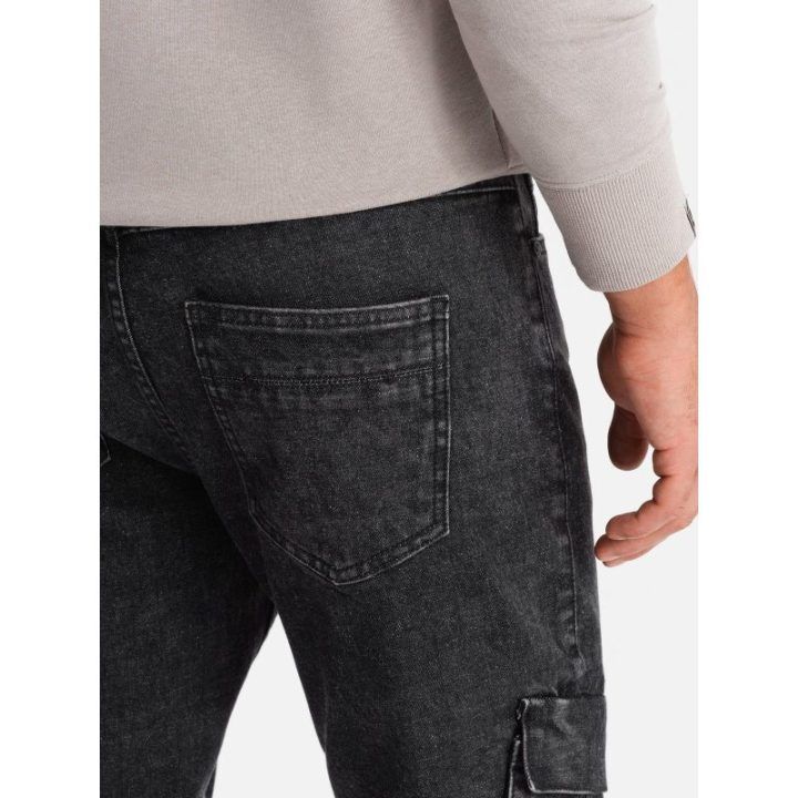 Vyriškos juodos cargo kelnės slim fit su bleached efektu