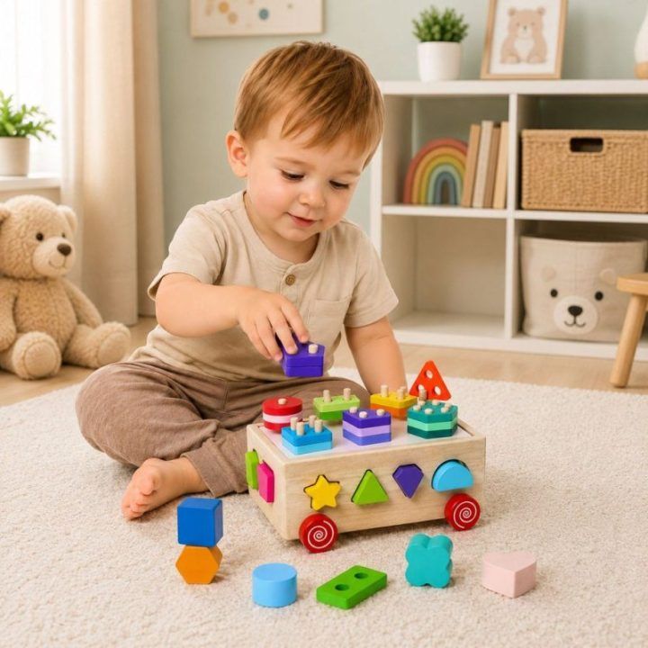 Medinis Montessori rūšiuoklis ant ratukų su formomis ir skaičiais