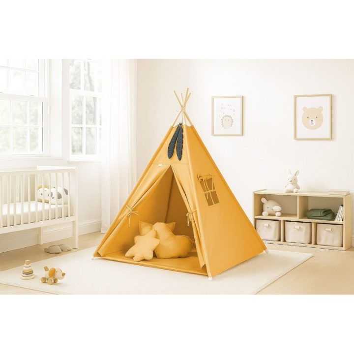 Vaikų tipis Mini Set su kilimėliu ir dekoratyvinėmis plunksnomis, medaus geltonumo