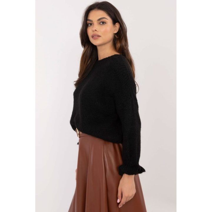 Juodas megztinis su raukiniais rankovėse Italy Moda