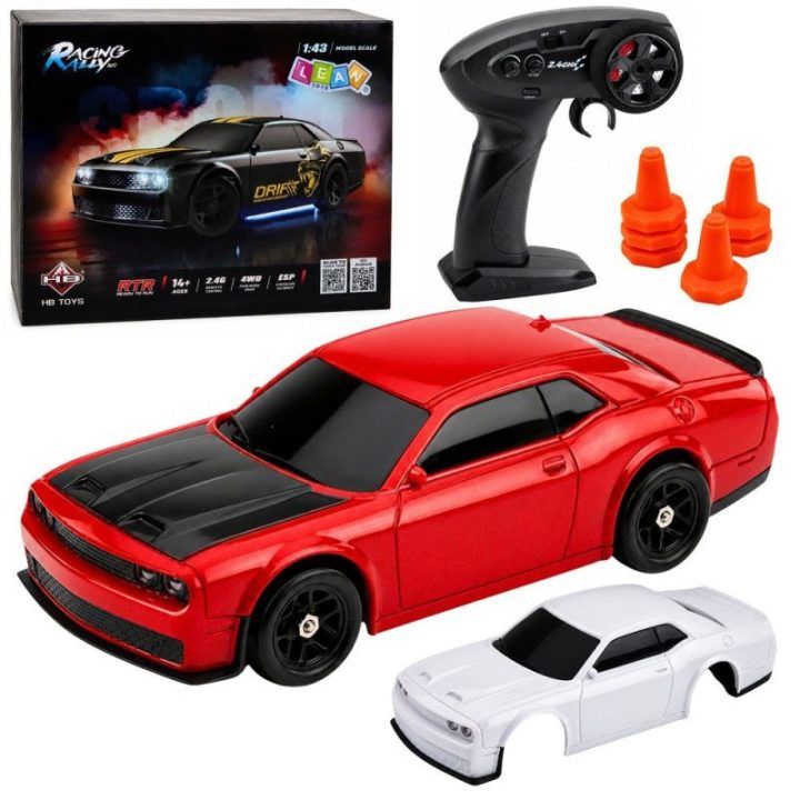 Raudonas žaislinis RC drift automobilis 1:43 su keičiamais kėbulais