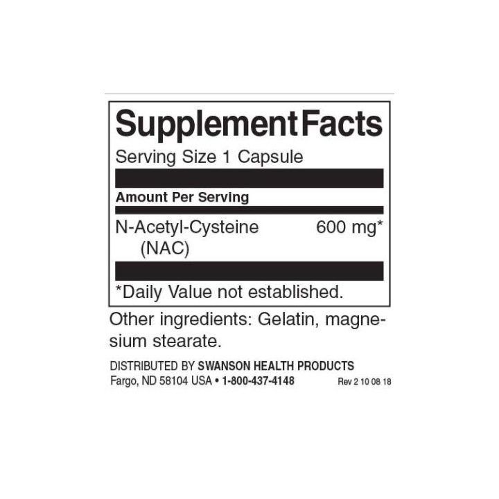 N-acetilcisteino kapsulės Swanson 100 kapsulių, 600 mg