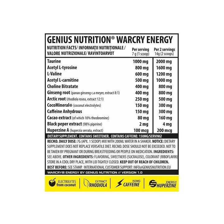 Pre-workout milteliai Genius Nutrition Warcry Energy 300 g, rūgštaus arbūzo skonio