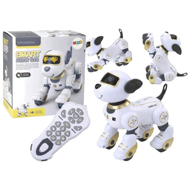 Interaktyvus robotas šuo su nuotolinio valdymo pultu, auksinis