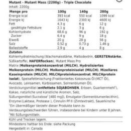 Masės auginimo gaineris Mutant Mass 2,2 kg, trigubo šokolado skonio