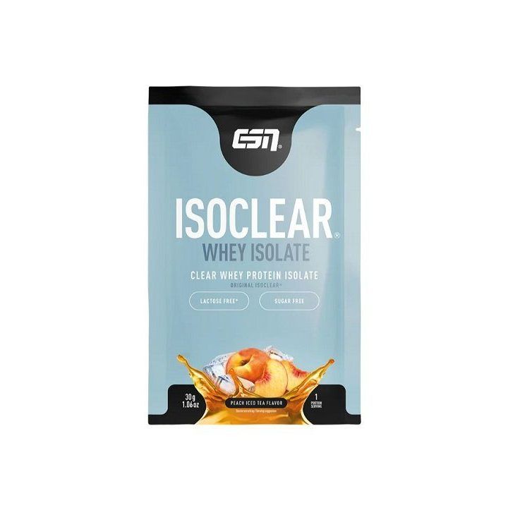 Skaidrūs išrūgų baltymų izoliato milteliai ESN ISOCLEAR 10 × 30 g, persikų ir šalta arbatos skonio
