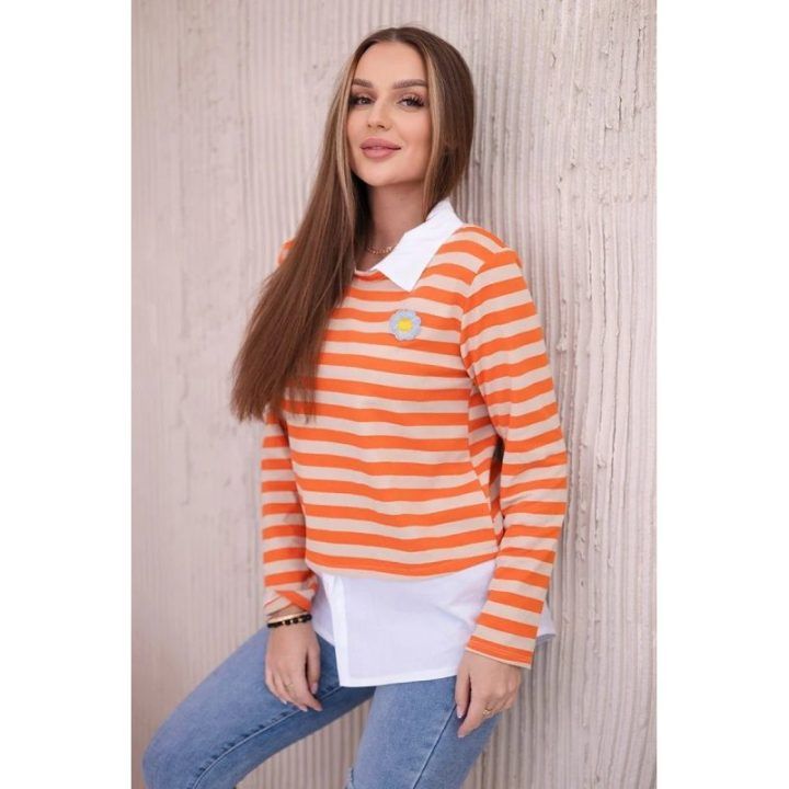 Moteriška dryžuota medvilninė palaidinė su apykakle, oranžinės ir smėlio spalvos