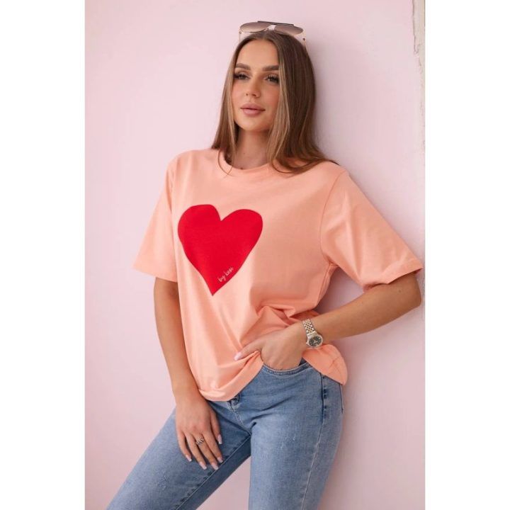 Moteriška medvilninė palaidinė su širdelės raštu, lašišos spalvos