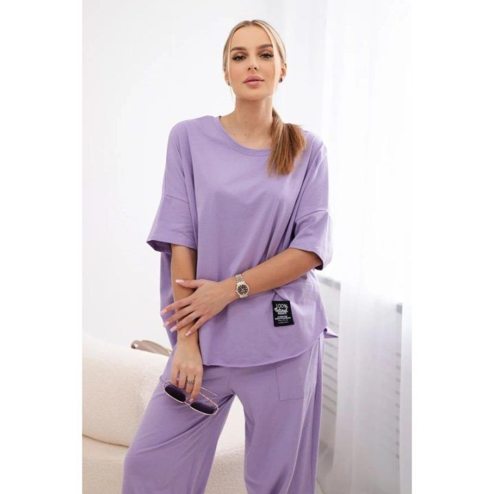 Moteriškas medvilninis komplektas su palaidine ir kelnėmis, šviesiai violetinės spalvos