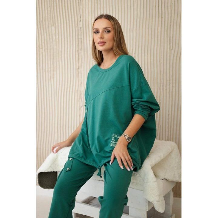 Moteriškas oversize medvilninis komplektas su kelnėmis, žalias