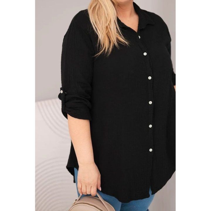 Moteriška marškininė palaidinė iš medvilnės muslino, juodos spalvos