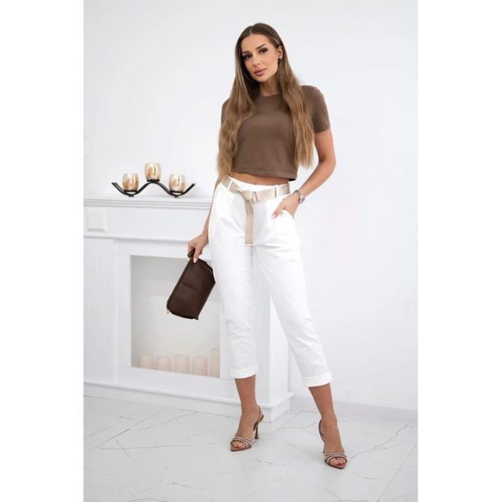 Moteriškos kelnės Punto su diržu, ekru spalvos