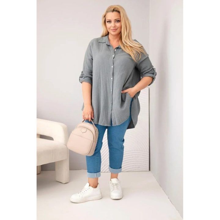 Moteriška Plus Size muslininė palaidinė, tamsiai pilkos spalvos