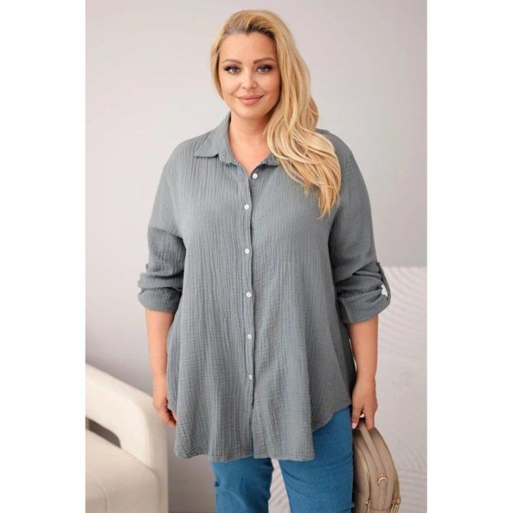 Moteriška Plus Size muslininė palaidinė, tamsiai pilkos spalvos