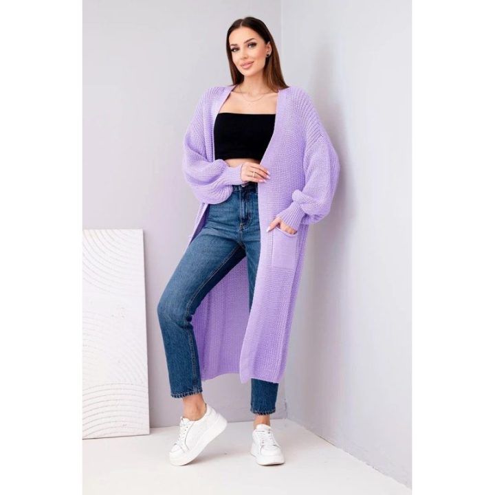 Moteriškas ilgas kardiganas, šviesiai violetinės spalvos