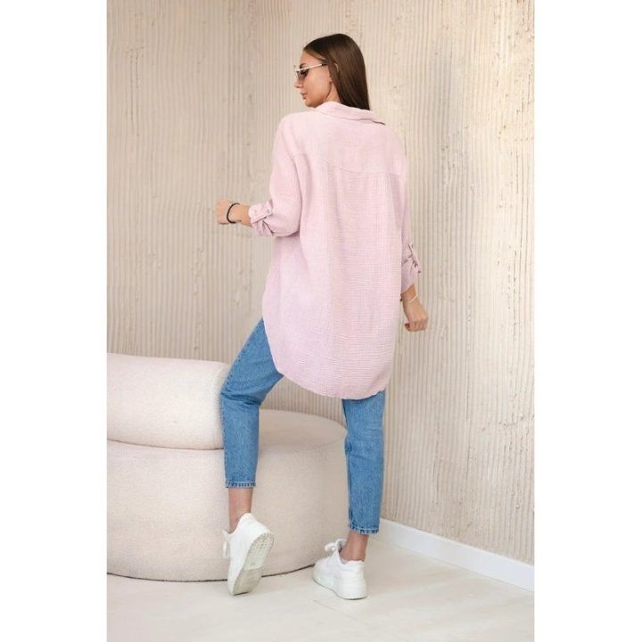 Moteriška oversize medvilninė muslino palaidinė, pudrinės rožinės spalvos