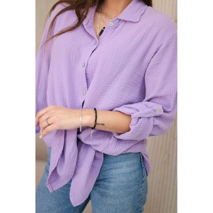 Moteriška oversize medvilninė mušelino palaidinė, violetinė