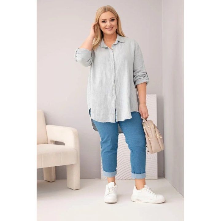 Moteriški muslino marškiniai Plus Size, pilki