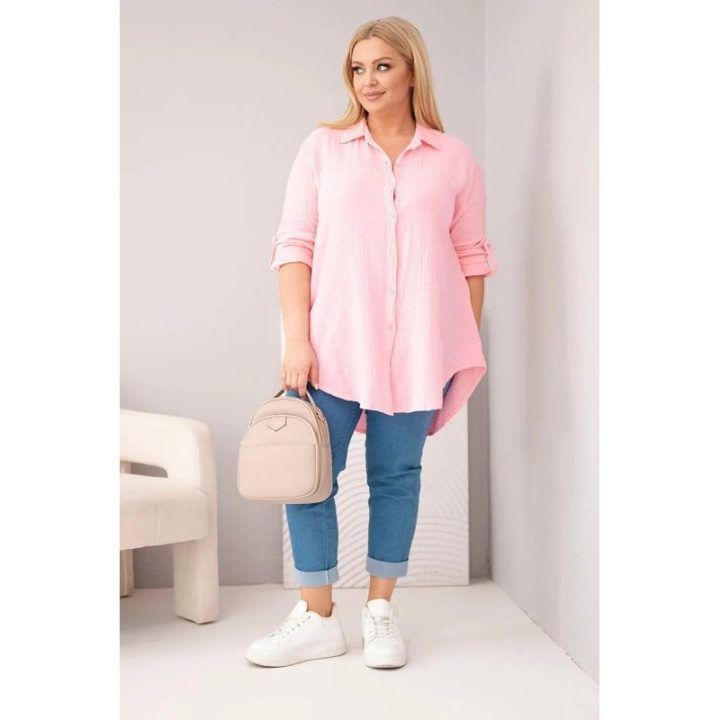 Moteriška Plus Size muslino palaidinė, rožinės spalvos