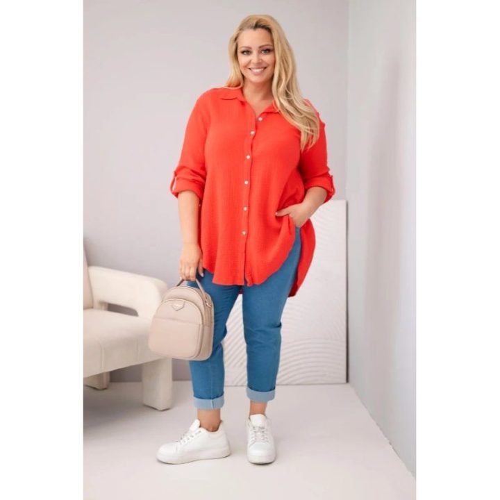Moteriška Plus Size muslino palaidinė, raudonos spalvos