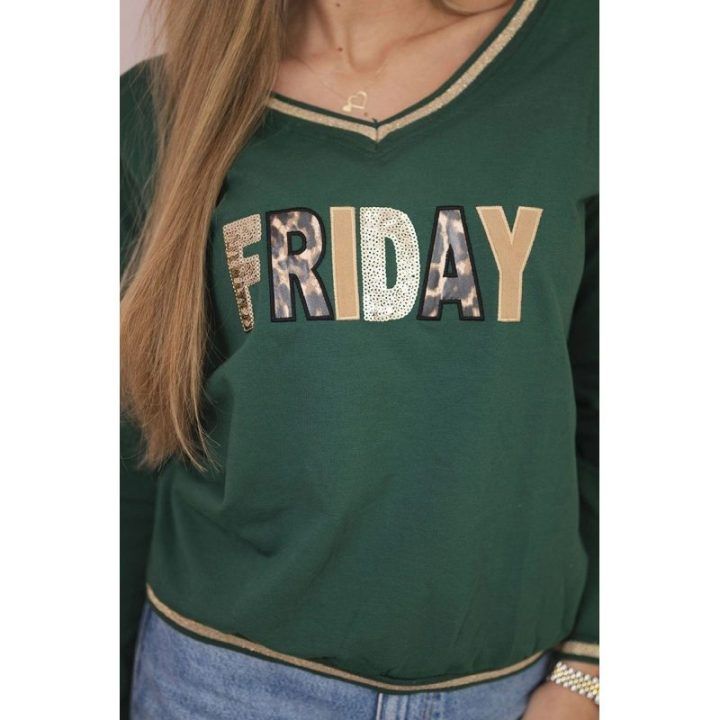 Moteriškas džemperis su blizgiu užrašu „FRIDAY“, žalias