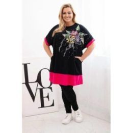Moteriška Plus Size tunika su gėlių raštu ir dekoratyviniais perlais, fuksijos spalvos