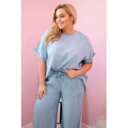 Moteriškas Plus Size komplektas iš tencelio su surišamu juosmeniu, šviesiai džinso spalvos