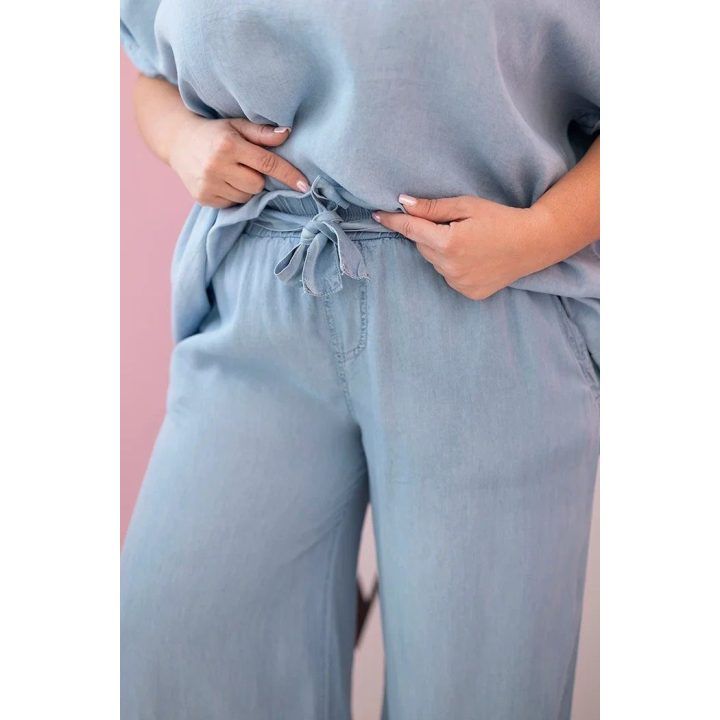 Moteriškas Plus Size komplektas iš tencelio su surišamu juosmeniu, šviesiai džinso spalvos