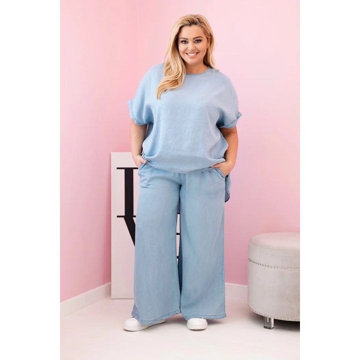 Moteriškas Plus Size komplektas iš tencelio su surišamu juosmeniu, šviesiai džinso spalvos