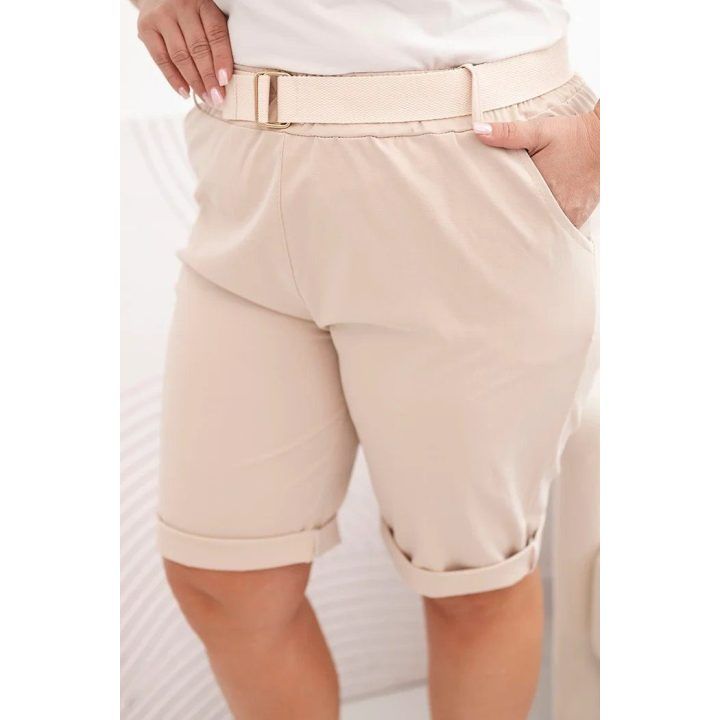 Moteriški Plus Size šortai su diržu, šviesiai smėlio spalvos