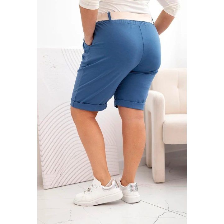 Moteriški Plus Size šortai su diržu, mėlynos spalvos