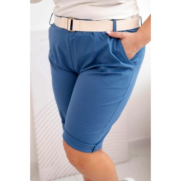 Moteriški Plus Size šortai su diržu, mėlynos spalvos