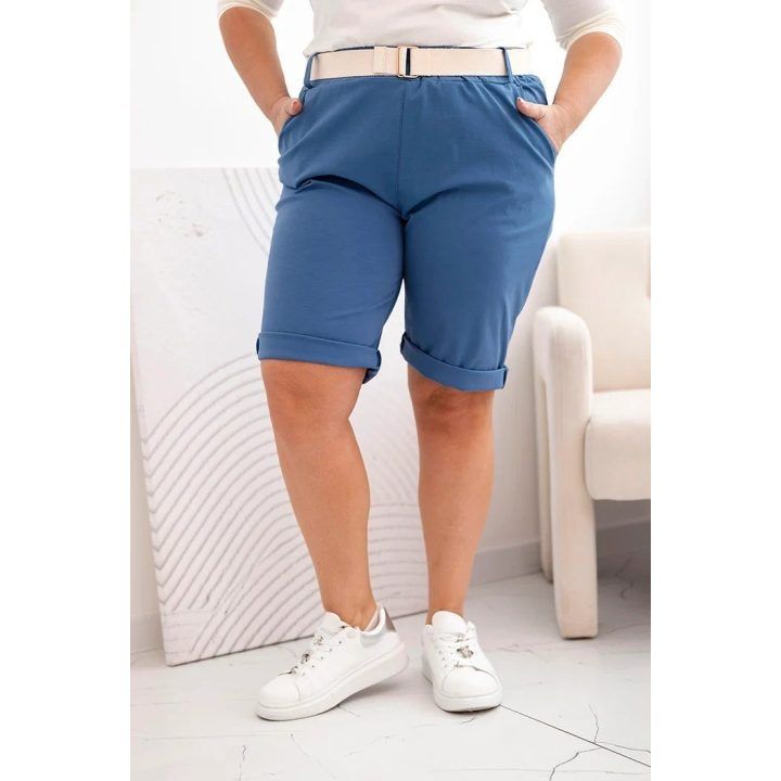 Moteriški Plus Size šortai su diržu, mėlynos spalvos