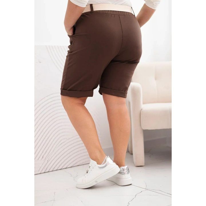 Moteriški Plus Size šortai su diržu, rudos spalvos