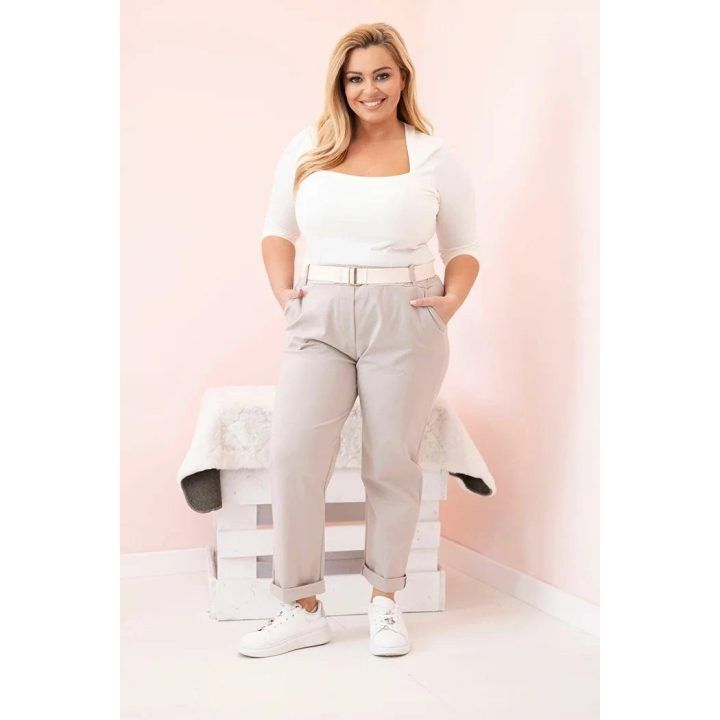 Moteriškos medvilninės Plus Size kelnės su diržu, tamsiai smėlio spalvos