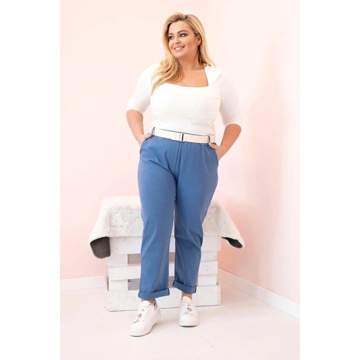 Moteriškos Plus Size kelnės su diržu, džinso spalvos